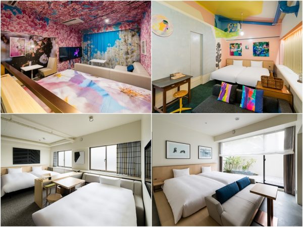 左上／写真家・蜷川実花氏によるコンセプトルーム。客室全体をギャラリー空間に見立て、壁面全体に桜の写真作品を施した　右上／アーティスト・宇加治志帆氏のコンセプトルーム。ウォールペインターでもある宇加治氏が客室の壁に直接ペインティングを施したアートが特徴。家具は宇加治氏によるコーディネイトで、年代物のアンティークを採用　右下・左下／友人であるアーティストの家に泊まるような、お洒落でリラックスできる空間を用意。アート作品などは随時入れ替わる。購入も可能