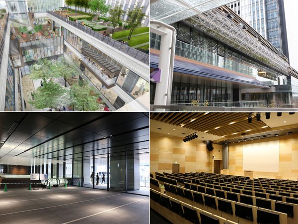 （左上）グローバルゲートの商業施設内にできるオープンエアプラザのイメージ（中庭空間）。（左下）見学ツアーで公開されたグローバルゲートの高層タワーの内部。（右上）緑で覆われる予定の商業施設の南側壁面。（右下）愛知大学本館のグローバルコンベンションホール