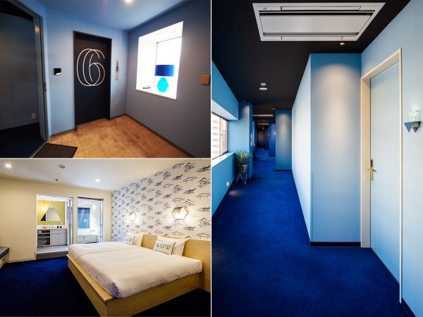 （写真左上）階数表示や部屋番号に至るまで、全てが「川」の3つの線をモチーフにしたオリジナルのフォントが使用されている<BR />（写真左下）個室の壁には、葛飾北斎（江戸小紋柄の部屋も有）が散りばめられている<BR />（写真右）4階～6階の廊下は、奥に行くほど濃い青になるようにグラデーションになっており、まるで水中に潜っていくような印象