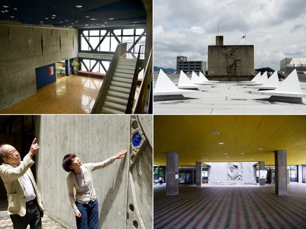 （左上）吹き抜けのロビー。中庭に面した部分は耐震補強のため、後年ブレース（斜材）を追加した。天井は青く塗られている。写真左の壁に、空調吹き出し口の細い切り込みが見える（右上）現在は安全のため立ち入り禁止の屋上に特別に案内してもらった。写真正面にレリーフ「鳥柱」の上部が見える。三角形のオブジェのようなものはベンチを兼ねた天窓。天窓の光は左写真のロビーに差し込む。（左下）山田孝延さん（左）と天神山文化プラザの山﨑美幸さん。山﨑さんが指す手の先に見えるのが、新しくなった「鳥柱」の色ガラス（右下）ピロティーから見た「鳥柱」