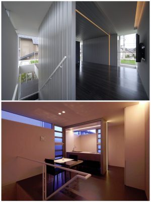 室内の様子。アルミニウムの部材が壁になっているのがお分かりいただけるだろうか。キッチンでは照明がその内部に組み込まれていることもよく分かる