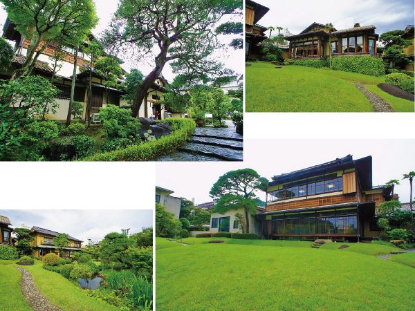 ▲写真左上から時計回りに：『麒麟』と『大鳳』のある本館入口／食堂のある『玉姫』と暖炉のある『玉渓』。瓦屋根はすべて京都・泰山タイルの特注品で、光沢のある茶褐色が特徴／『麒麟』と『大鳳』を庭園から眺めた様子。この2階『大鳳』には太宰治が亡くなる3ヶ月前に滞在し『人間失格』を執筆した／その他、旅館時代に増築された客間は『音楽サロン』や『展示室』など、市民向けの貸し出しスペースとなっている