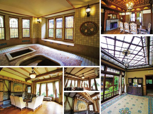 ▲ゴージャスなローマ風浴室（左上）の浴槽のまわりには木のタイルが使われている。一時期壁のタイルが膨らんで落ちてしまいそうになっていたため入室ができなかったが、昨年修復が完了した。食堂の床は繊細な寄席木細工で、劣化を防ぐために現在は部屋の外からの見学のみとなっている。「展示家具の中には、座ってはいけない椅子などもありますが、極力手を触れていただけるようになっているのがこの『起雲閣』の特徴。お客様のアンケートでは、貴重な建物や調度品を身近に感じることができてよかったという声を多く頂戴しています」と中島さん