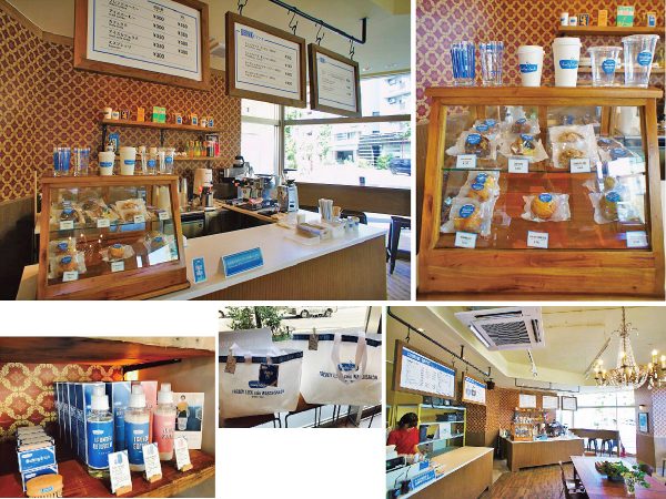 ▲店内は24時間営業のコインランドリースペースと、9：00～21：00まで営業のカフェ・クリーニング・グッズショップスペースに分かれており、ラウンジにはフリーWi-fiが導入されているほか、待ち時間に読める雑誌も用意されている。カフェには、コーヒーやエスプレッソ、レモネードなどのドリンクのほか、マフィンやブラウニーなどの軽食もある。「コーヒーは、ランドリーの石鹸の香りに負けないよう、香りが引き立つような濃いめのオリジナルブレンドにしています」と松延さん。コーヒーと洗濯の香りの組み合わせは、まさに“朝の家庭のニオイ”。店内のカフェラウンジは自宅でくつろぐような心地良さで過ごすことができる