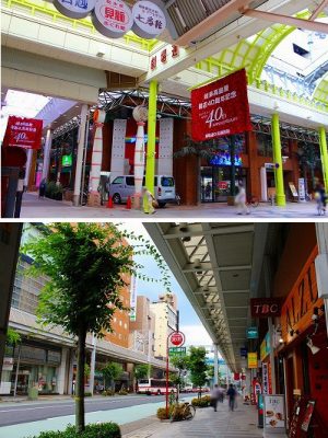 上／面の商店街「柳ケ瀬商店街」は、エリア内を縦横無尽に走る通りにアーケードがあるのが面白い。下／大通り沿いの商店街にもアーケードがあり、小雨なら傘は不要