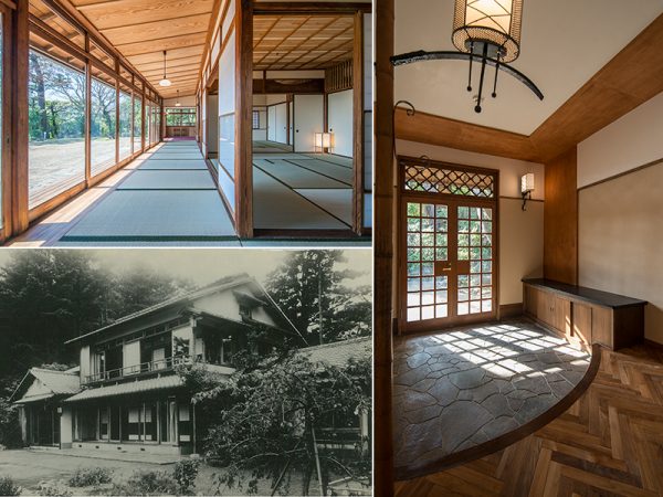 写真右：陽明館の玄関。昭和戦前期に建てられているが、当時の和洋折衷の様相が見える</br>写真左上：和室と入側。一面の窓からの景色は、初島・伊豆大島を望み、高台に建つ建物ならではの絶景</br>写真左下：大島家が所有していた頃の陽明館。縁高欄を附した楼閣風の2階がみえる