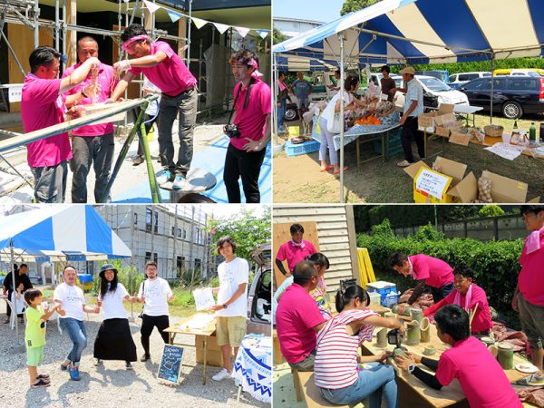 （左上）明るい大工さんたちの主導で大いに盛り上がる流しうどん。（右上）獲れたての無農薬野菜が手に入るマルシェ。湘南野菜のよさを伝えるべく有志が集まっているそうだ。頻繁にワークショップなども行っているとか。（左下）地元愛満載の「ハッピーショウナン」のTシャツも人気。（右下）職人による竹細工ワークショップ。穴をあけるだけの簡単ランプシェードや、懐かしの「竹ぽっくり」の制作が体験できた
