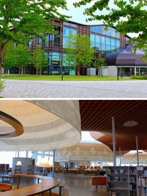 金華山の山並みに沿うような柔らかな外観デザイン。図書館内はグローブと呼ばれる巨大な漏斗形上のかさがぶら下がる。建築家・伊東豊雄さんの設計。また平成33年には、この隣に岐阜市役所の新庁舎も完成予定