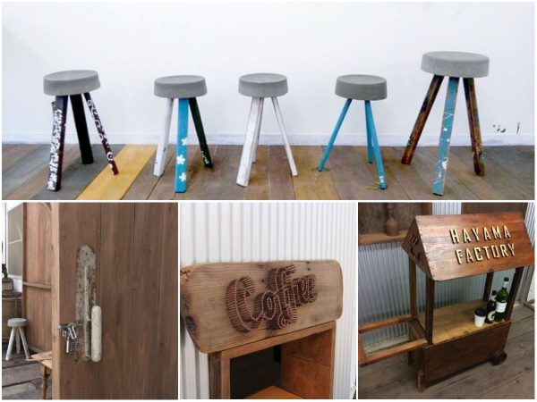 アップサイクルで作られたモノ　上：コンクリートスツール　左下：コテでできた取手　中下：クギでできたサイン　右下：使われなくなったリンゴ箱でできたミニ屋台