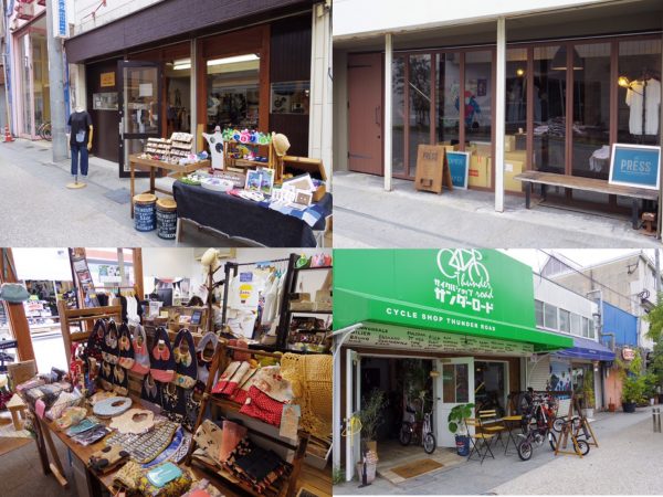 「わいわい!!コンテナ2」の周辺に出店したTシャツプリントショップ（右上）とサイクルショップ（右下）ハンドメイドの雑貨店（左）。ハンドメイド雑貨は委託している作家が26名も。すでに店舗は手狭になり、増床や移転も検討中だそう（撮影：山口）