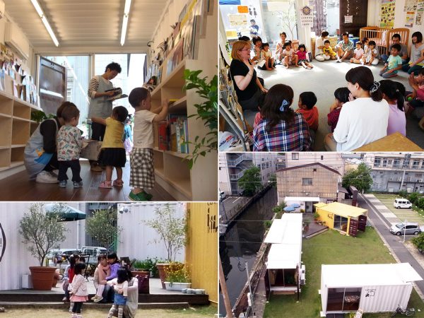 わいわい!!コンテナ2に集まる人々と敷地の全体像。「空き地にボッコボコの中古コンテナを置いただけの時は、まだまだ不安そうでしたが、塗装してそれっぽくなってくると、徐々に皆さんの表情が明るくなりました。」と西村氏（写真提供：ワークヴィジョンズ）