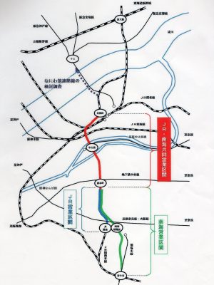 現在計画されているなにわ筋線の路線図。地下鉄御堂筋線に続く大阪第2の大動脈として、大きな経済効果が期待される。概算事業費約3300億円