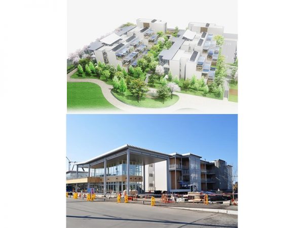 写真上：第1期街区の全景。</br>写真下：住戸棟とともに地域に開く商業棟も建てられた