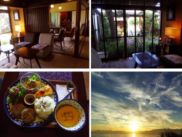 幕末時代寺子屋だった古民家は、ほとんど改修せずに中村さんのセンスだけでここまで雰囲気のあるカフェに（写真左上）。中庭も広々、立派な松の木は剪定に意外と費用がかかることから古民家の賃貸を借りるときには気にしておくポイントだとか（写真右上）。新鮮素材、地のモノでその時期にとれる食材を使ったお料理はカラダに優しいと評判（写真左下）。中村さん絶賛の日暮れの琵琶湖の水ガ浜。太陽が沈みいく瞬間は辺りはまるで絵画のキャンバスのよう。カメラマンも中村さん（写真右下）