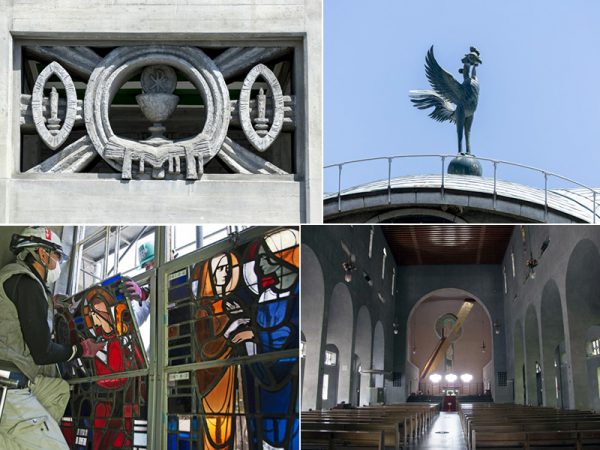上左／聖堂の正面欄間の中央にはめこまれた彫刻は「七つの秘跡」のひとつ「叙階の秘跡」を表す　上右／ドーム上の鳳凰像　下左／補修のためにステンドグラスを取り外す作業　下右／工事中の堂内。ステンドグラスがなく、竣工時の様子を偲ばせる