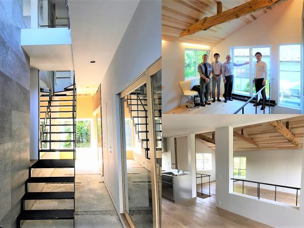 左）玄関から入ると、すぐに階段。２階まで吹き抜けになっている</BR>右上）左からリビタの黒田大志さん、同社・戸建事業部長の吉賽健太郎さん、</BR>YKK AP執行役員リノベーション本部長の永木公三さん、同社の石井喜大さん</BR>右下）２階の天井の梁は改修前からのものという