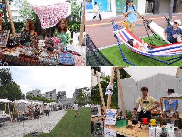 「nest marche」の様子。グリーン大通りから南池袋公園を繋ぐようにショップが並ぶ。<br>移動式の本屋、コーヒーや手作り雑貨、インテリアやアクセサリーなど様々なジャンルのお店があり、つい長居したくなる