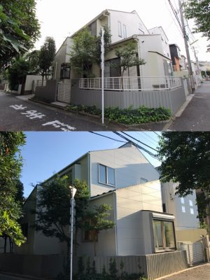 写真上は改修前。写真下は改修後。外観はそう大きな変化はないが、1階エントランスを東側から南側へと移動、納戸として使っていた地階を浴室や洗濯機置き場など水廻りスペースにするなど、内部は思い切った変更をしている