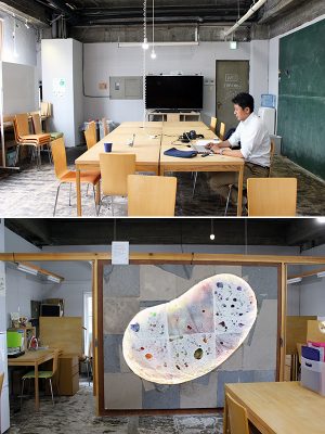 上／スペースのうち半分は仕事のほかイベントなどにも活用　下／木材などで簡単に仕切ったオフィスの区画