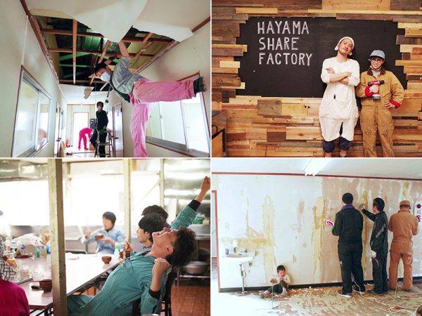 葉山ファクトリー改修の様子　左上：古い天井を取り外して空間を高く　右上：葉山ファクトリーのサイン　右下：壁紙をはがし、新しく　左下：まかないの時間