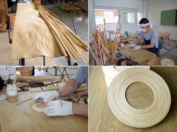 左上：厚さ約1mmに加工されたブナの木と、それをさらにテープ状にカットしたもの。テープ状の板を巻き上げて平面にする<br>右上：くるくると巻き上げながら説明をしてくれる職人さん。小ぶりなものであれば、1時間で10個くらいつくれるそうだ<br>左下：場所によって力の加減を変えながら素早く巻いていく<br>右下：巻き上げの作業が終わった状態。木と木を繋ぎ合わせているのだが、よく見てもつなぎ目は分からなかった