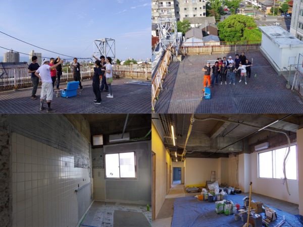 入居者や佐賀大学の学生たちと行ったケルン(錆び取り)＆ペイントワークショップの様子。左上写真で乾杯の音頭をとるのが西村氏。「今の若い人たちは、しなやかに、うまくフィットしながら生きようとする。生き延びる力のある人が増えてきたなと感じます。」と話す。（撮影：山口）