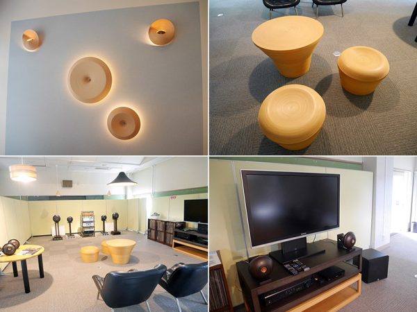 右上：BUNACOの照明　左上：スツールとテーブル<br>下：空き校舎になった小学校を活用し、2017年4月にBUNACOの西目屋工場としてオープンした。小学校の音楽室は、スピーカーの視聴室として利用されている。スピーカーは一部の金具を除き、ほとんどが木でつくられている。BUNACOを訪れたスピーカー愛好家の教授のアイディアから試作し、思いのほかの音の良さに製品化に至ったという