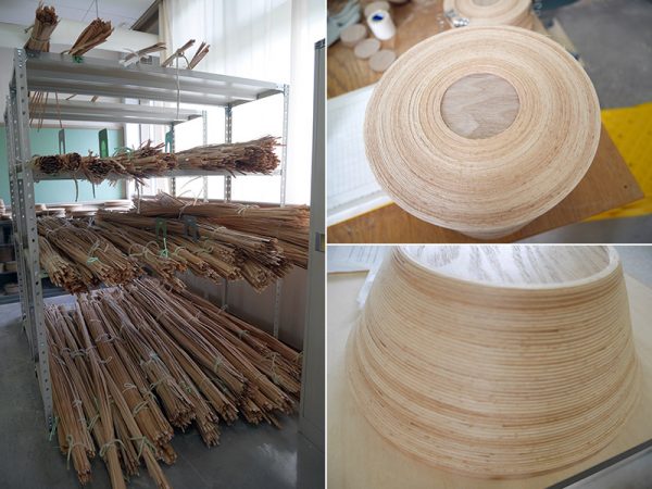 左：ブナの木をテーブ上に加工したもの（単板） 右上：ブナの単板をくるくると巻いて平面上に　右下：平面の巻き板を立体にした状態