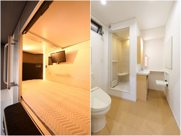 クレイドルキャビンの内部。写真左はテレビを見ることもできるハイグレード室内タイプ。右はトイレ・シャワータイプ。</br>ほかにも様々なタイプを用意して被災者の暮らしを支援する
