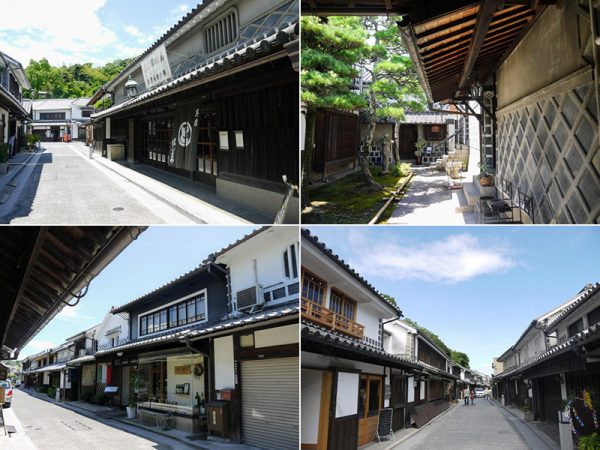 左上・右上／倉敷・旧街道沿いの老舗呉服店「はしまや」。店舗の背後には約750坪の敷地があり、江戸時代から明治、大正、昭和と様々な時代の建物が残る。楢村徹さんは1997年から段階的に再生改修を行ってきた。一角に楢村さんの事務所もある　左下／通りの向かいには駐車場を改装した「トラットリアはしまや」がある　右下／旧街道（本町通り）。道の左側、手前から２軒目が、楢村さんが長く改修に携わる「吉井旅館」