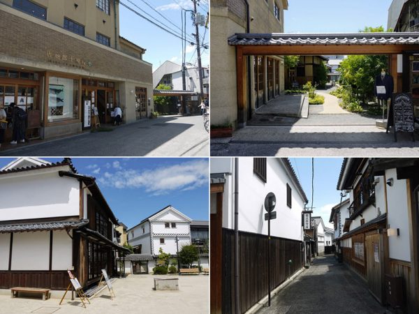 左上／「林源十郎商店」本館　右上／「林源十郎商店」敷地内の路地。奥にある離れと蔵にはデニムの店舗、右奥にある旧住居にはピッツェリアが入居している。この路地を通って、隣地の「倉敷物語館」に抜けられる　左下／「倉敷物語館」。右手奥に見える蔵は「林源十郎商店」　右下／「奈良萬の小路」。路地の右側に楢村さんの改修の手が入り、飲食店6店舗が入居している
