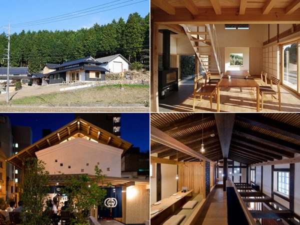 上／神家昭雄さんの再生事例「戸津野の家」。リビングに吹き抜けを設け、明るく開放的な空間に（写真：神家昭雄建築研究室）　下／大角雄三さんによる「玄孫（やしゃご）」。築160年の蔵を移築して飲食店に生まれ変わらせた（写真：大角雄三設計室）