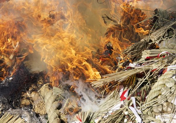 縁起物のダルマを焚き上げている。古くから火は浄化作用があると信じられてきた