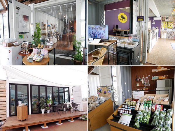 左上：フルサットカフェ。「おいしい旅のはじまり」をテーマに、ご当地商品の販売や、上越・妙高エリアで定評のあるカフェメニューを提供している。<br>
右上：2016年8月にオープンした『Sweets Nekoji（すいーつ ねこじ）』。新潟県の人気和菓子、笹団子のクレープなど、新潟ならではのスイーツがある。店内ではギャラリースペースを設け、アートの鑑賞もできる。<br>
左下：2017年7月にオープンしたばかりの『Tea×Sweets 雪の香テラス』。ガラス張りにしてテラスを設ける特注により、開放的な空間を持つ店舗になっている。<br>
右下：フルサットカフェ店頭の販売スペース。地元で採れた野菜が並ぶ