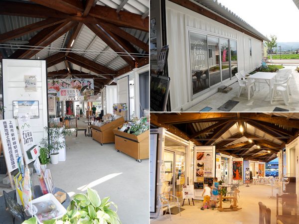 左：コンテナとコンテナの間にできた通路は緩やかにカーブしており、ゆとりのある広さ。子どもがよく走って遊ぶ様子が見られる。大人からも、道の先が見渡せるので子どもを遊ばせていても安心だという声もあるそうだ<br>
右上：ダクトやエアコンの室外機を側面に出さない工夫をしている。通路にもなり、寛ぐ空間としても利用できる。メインエントランスを設けず、どこからでも通り抜けが出来る<br>
右下：自由に休憩できるスペースが通路やコンテナの間など、あちこちに配置されている