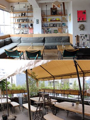 上／3階にあるクラフトビールの店、「BRIDGE BREW」。室内はソファ中心のくつろげる空間　下／3階のバルコニーには同店のオープンエアスペース