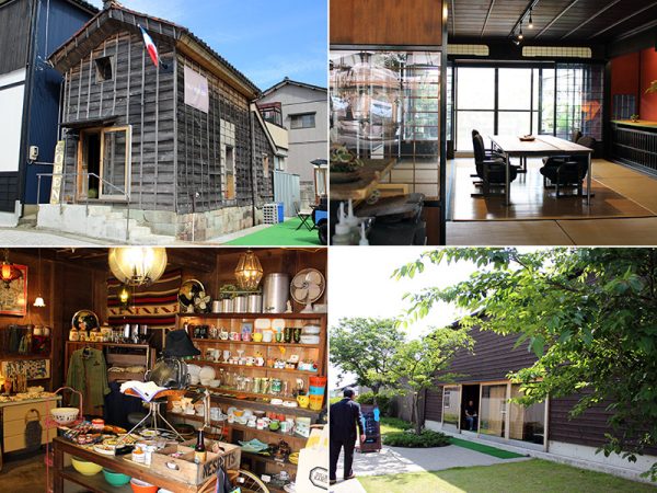 左上／空き家を活用したフレンチデリの店　左下／アメリカ雑貨店「アメリカンスラット」の店内　右上／盆栽屋「みくに園」の店先から続く居間の様子。家屋は三国ならではのかぐら建て　右下／蔵を改装した資料館「マチノクラ」