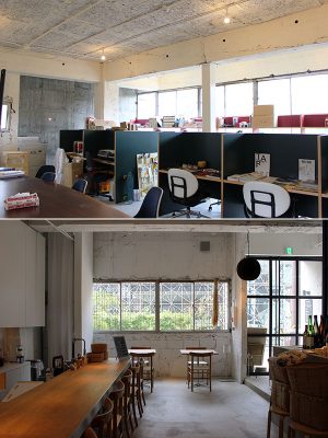 上／2階のコワーキングスペースは東京・中目黒などでも展開している「みどり荘」　下／1階にある地酒を楽しめる「RICE BAR」