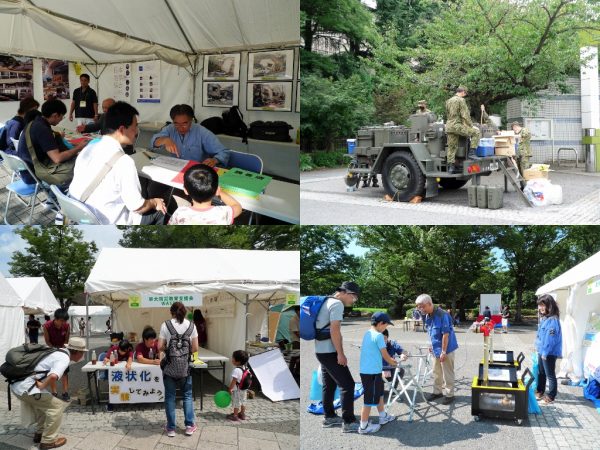 上左)日本建築家協会渋谷地域会・東京都建築士事務所協会渋谷支部の出展ブースの様子</BR>上右）陸上自衛隊は災害時に行なっている炊き出しのデモンストレーションと炊き出しカレーを提供</BR>下右）東京都水道局渋谷営業所の出展ブースでは、応急給水用資材の組み立てを体験できた</BR>下左）「液状化を実験してみよう」をテーマに出展していたのは、</BR>早稲田大学社会環境工学科(旧土木工学科)の学生などからなる早大防災教育支援会WASEND