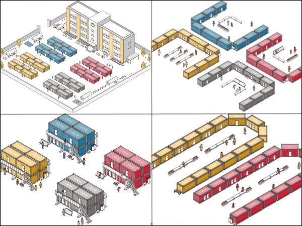 左上から時計まわりに、スペースを有効に使える並列型、小コミュニティ向きのコの字型、</br>大コミュニティ向きのUの字型、スペースが限られている場合に有効な2階建て。場所に応じた使い方ができる