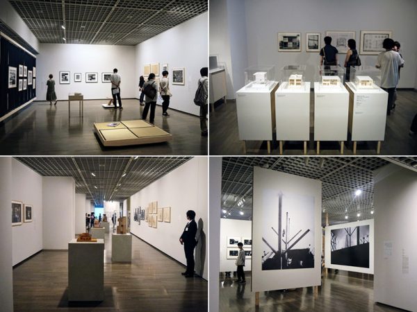 展示風景。上左から「1 日本的なるもの」「2 プロトタイプと大量生産」下左から「3 土のようなコンクリート」「4 住宅は芸術である」