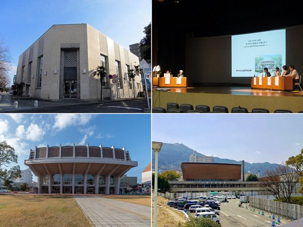 上左／ヒストリア宇部（写真：脇 彌生）　上右／宇部・米子・八幡から報告者が登壇したシンポジウム　下左／米子市公会堂（写真：来間直樹）　下右／八幡市民会館