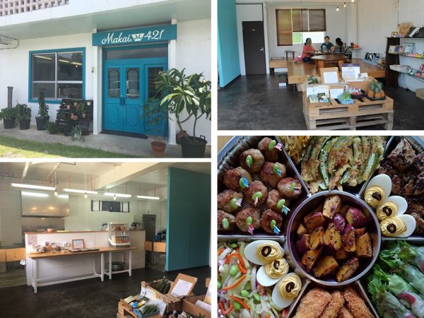 「Makai（マカイ）」は沖縄の方言で「お椀」の意味だとか。お店の改装はできるかぎりセルフリノベで対応し、アクセントのブルーの壁もご自身で塗装に挑戦。アンティークの入口（写真：左上）を開けると広々とした空間にオープンキッチン（写真左下）。小上がり席でイートインもできる（写真右上）。人気のオードブルメニューは、もちろん山田農園や地域の野菜がたっぷり