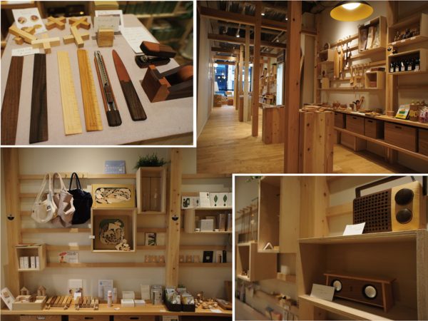 2階にはさまざまな国産材製品が並ぶショップと打合せスペースにも適した半個室のテーブル席が。</br>また、注文住宅やリノベーションの際に参考になるよう紹介コーナーも設けられている