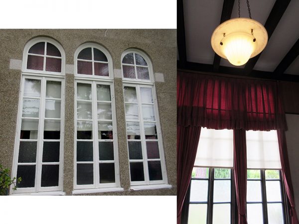 澤村家住宅の書斎兼応接室のアーチ窓（左）。窓を室内から眺める（右）。天井が高く、室内を飾る照明や絵画も引き継がれて使われている
