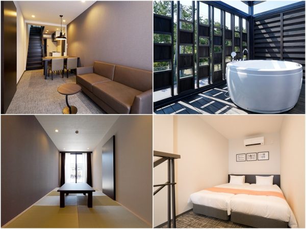 コテージの内部。洋室タイプ9棟（4棟がペット可）、和室タイプ2棟の合計11棟。和室タイプならより多くの人数が宿泊できる。</br>1階はリビングやキッチン、バス、トイレがあり、2階にベッド、バルコニーにプライベートジャグジーを設置。</br>外観のインパクトと比較するとインテリアは「普通」な感じで誰でも違和感なく過ごせるだろう。</br>通り沿いだが車の音などは気にならなかった