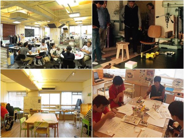 左上写真はさくらWORKS〈関内〉。右上のファブラボ関内と下2点のアンブレラ関内は同NPO法人が入るビルの中にある。</br>ファブラボ関内とアンブレラ関内はどちらもLOCAL GOOD YOKOHAMAのクラウドファンディングを利用して事業化したもの