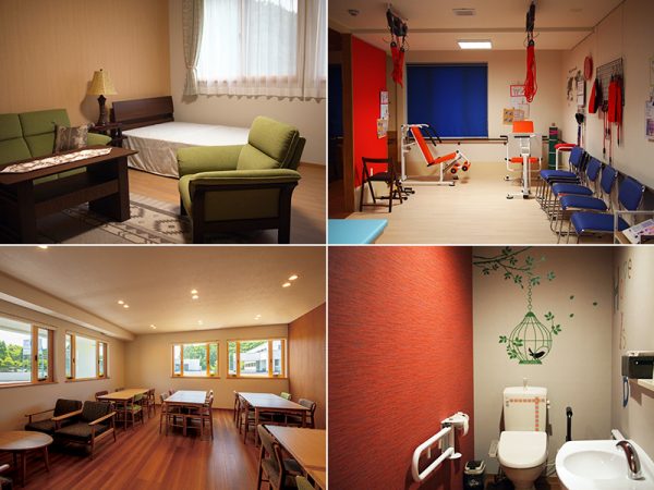 （左上）サービス付き高齢者住宅のモデルルーム、（左下）クリニック棟多目的ホール、（右上）デイケア棟内機能訓練スペース、（右下）デイケア棟内トイレ
