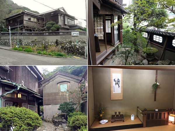 （左上）旧料亭ひろせ、外観（右上）中庭／写真提供：門司区役所（左下）玄関</br>（右下）１階和室の床の間。公開に合わせて飾り付けられた