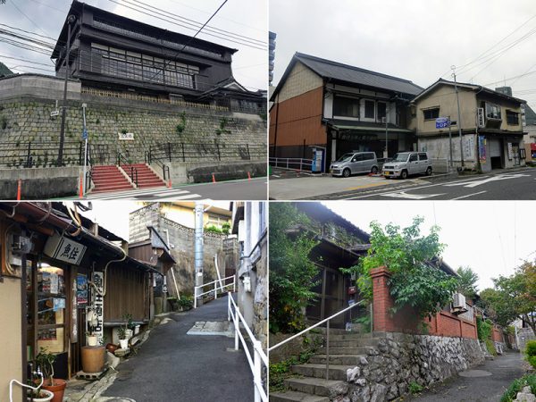 （左上）昭和初期の栄華をしのばせる木造三階建ての高楼「三宜楼」（右上）かつて、芸妓達がお金を出し合って建てたという研修道場「二葉券番」の跡地。建物は昭和12年の建設で、その一部が今も残り、「錦町公民館」として地域の人々の活動拠点になっている（左下）清滝の路地。かつて芸妓の置屋だったとされる酒屋がある（右下）赤煉瓦塀のある長屋の一棟は「路地裏ギャラリーもじろじ」として活用されている